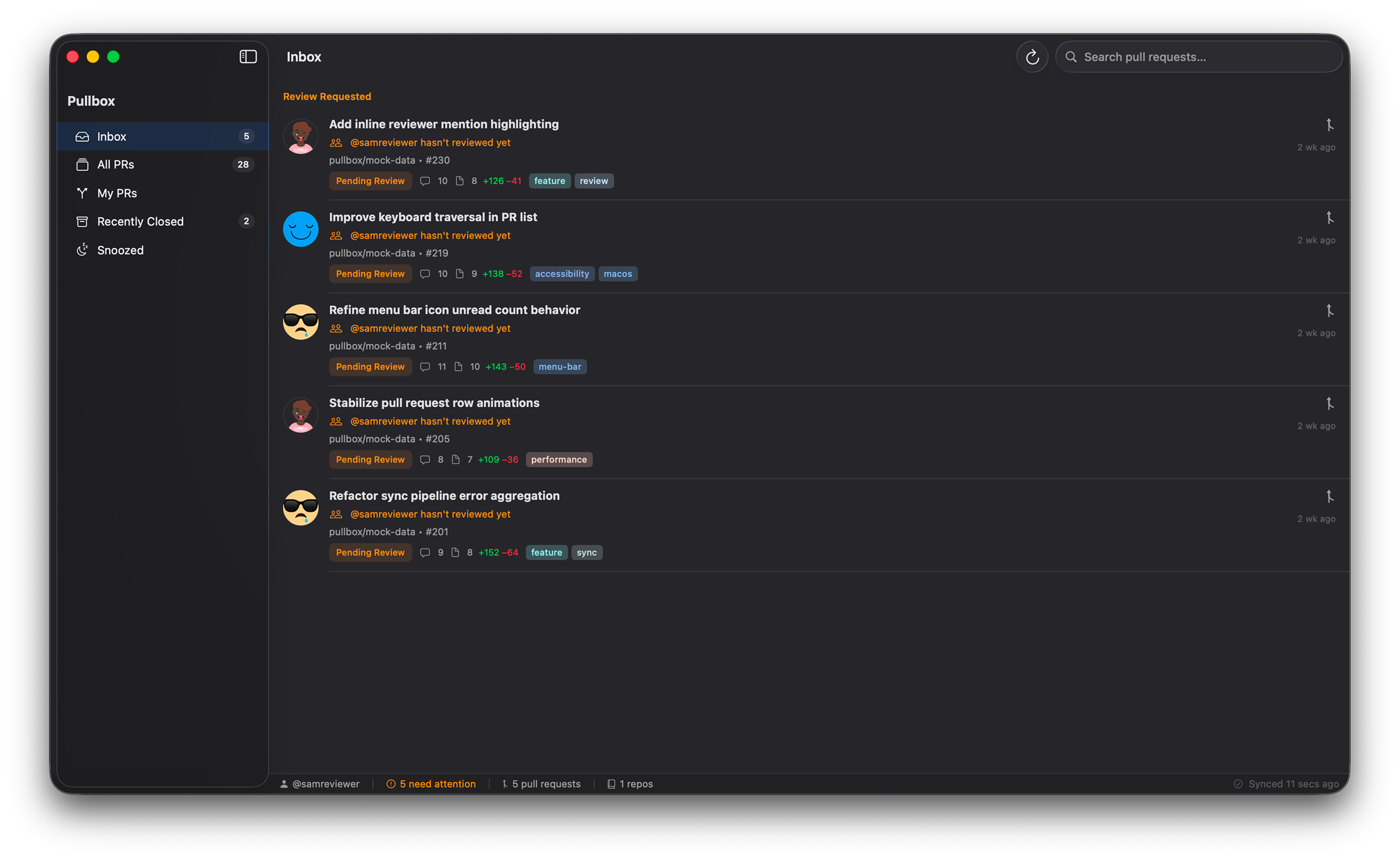 Pullbox on macOS: Inbox with Review Requested, pull request rows, labels, and status bar.